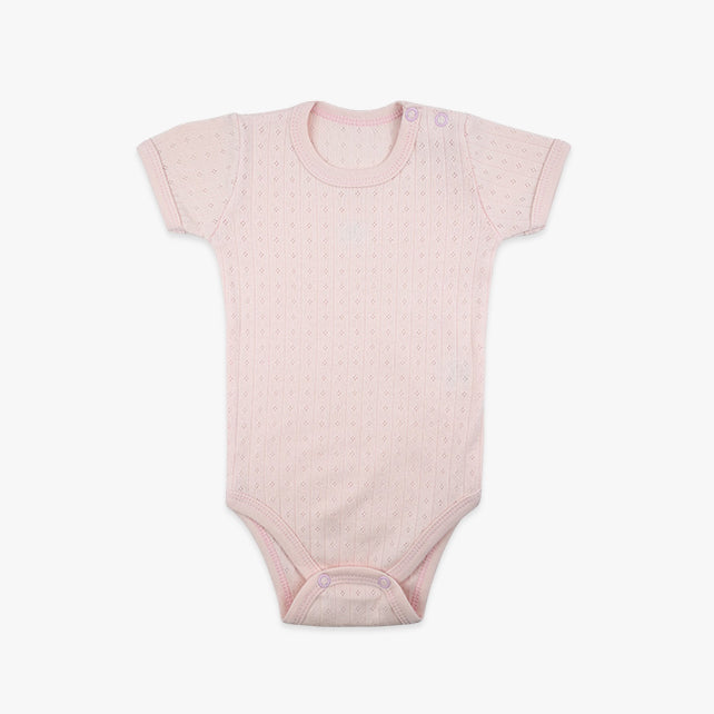 Bebi bodi za djevojčice Pointelle – kratki rukavi od rupičastog pamuka u bebi roze boji