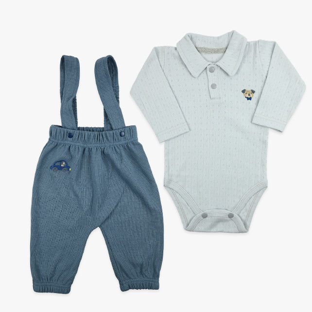Komplet za bebe dječake Waffle Pug sa bodićem i pantalonama na tregere u plavoj boji