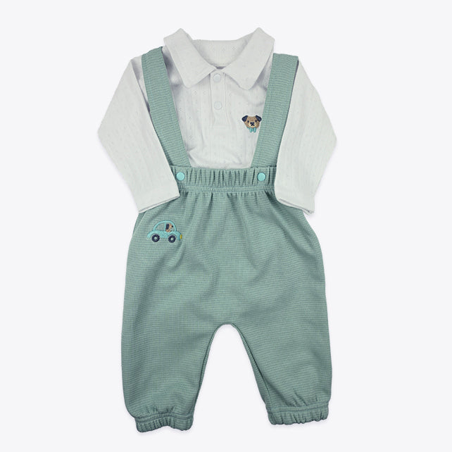 Komplet za bebe dječake Waffle Pug sa bodićem i pantalonama na tregere u mint boji