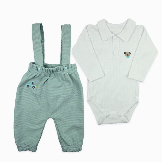 Komplet za bebe dječake Waffle Pug sa bodićem i pantalonama na tregere u mint boji