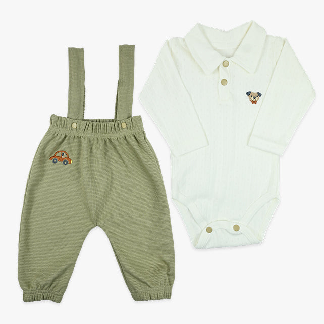 Komplet za bebe dječake Waffle Pug sa bodićem i pantalonama na tregere u maslinasto zelenoj boji