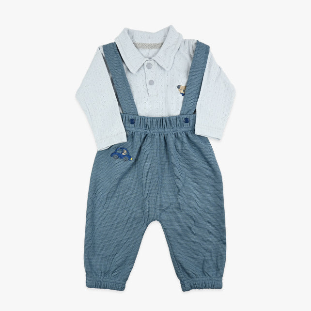 Komplet za bebe dječake Waffle Pug sa bodićem i pantalonama na tregere u plavoj boji