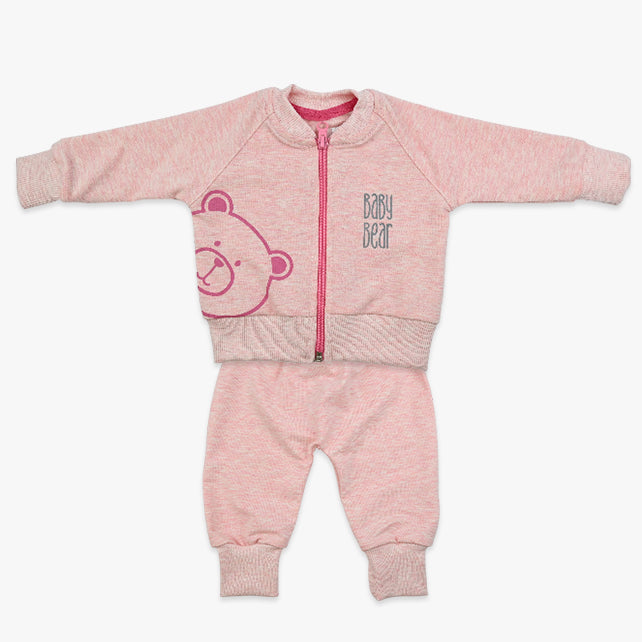 Komplet za bebe djevojčice Baby Bear – melirani roze duks s medom i hlačice