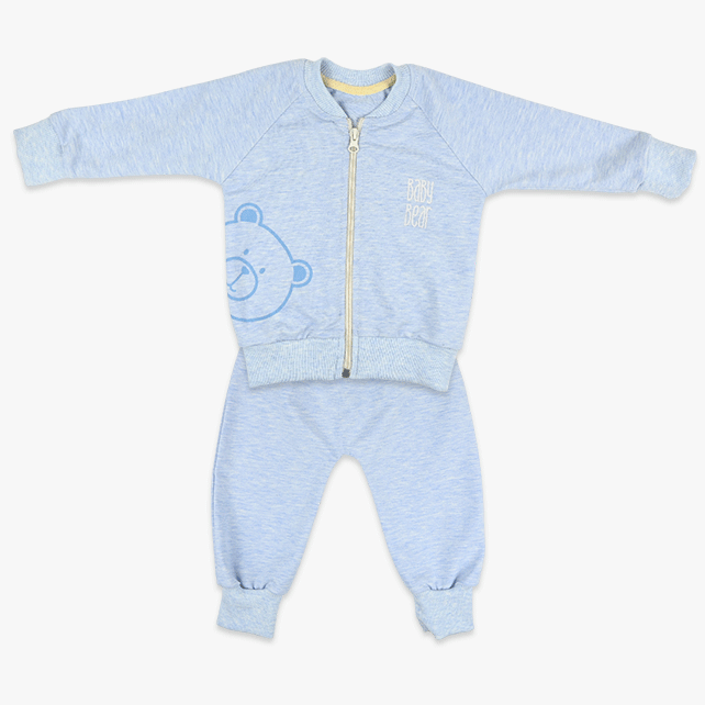 Komplet za bebe dječake Baby Bear – melirano plavi duks s medom i hlačice