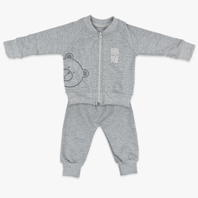 Komplet za bebe dječake Baby Bear – tamno sivi duks s medom i hlačice