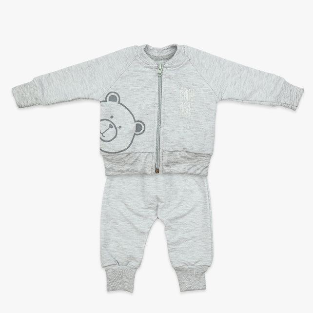 Komplet za bebe dječake Baby Bear – svijetlo sivi duks s medom i hlačice