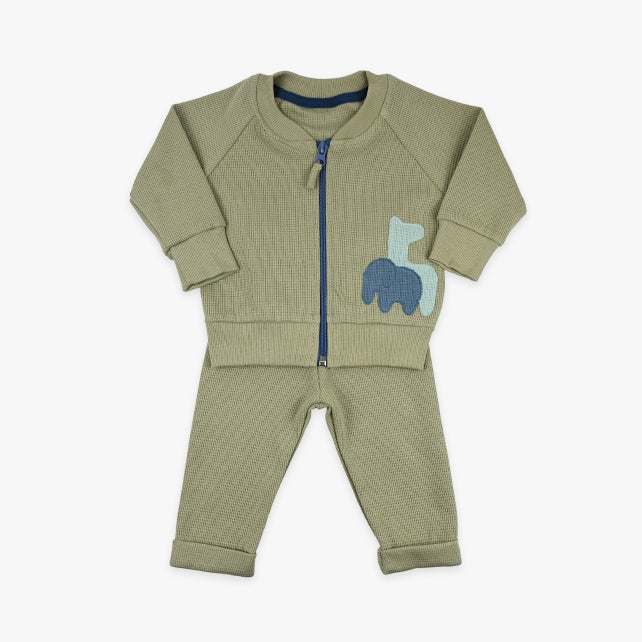 Komplet za bebe dječake Safari od waffle pamuka u maslinasto zelenoj boji