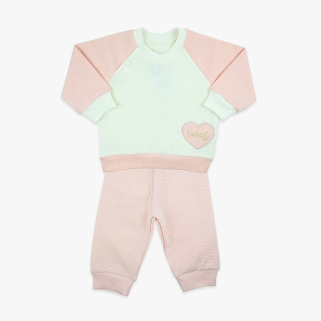 Komplet za djevojčice Lovely – duks i hlačice od waffle pamuka u bebi roze boji