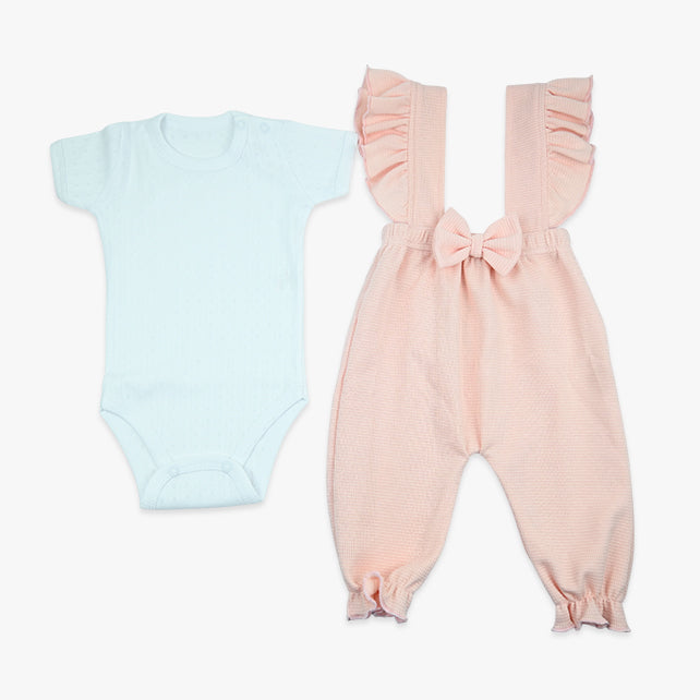 Komplet za djevojčice Waffle Bow – bodi i hlačice s mašnom, bebi roza – Imago