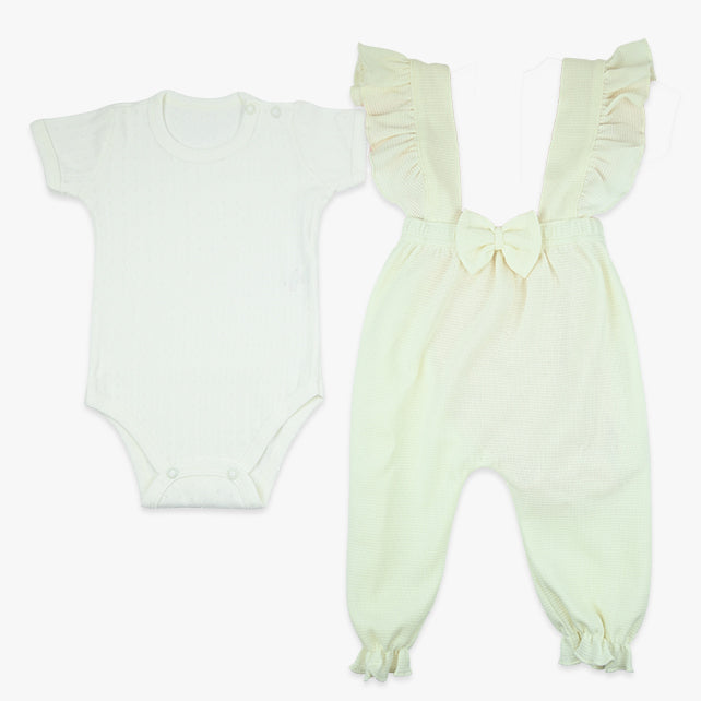 Komplet za djevojčice Waffle Bow – bodi i hlačice s mašnom, bež – Imago