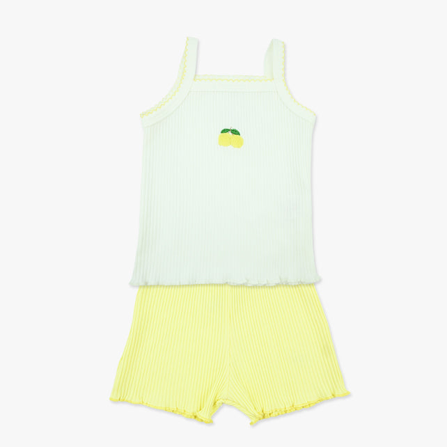 Lemon blossom ljenti komplet za bebe djevojčice sa rebrastom majicom na bretele i žutim šorcem