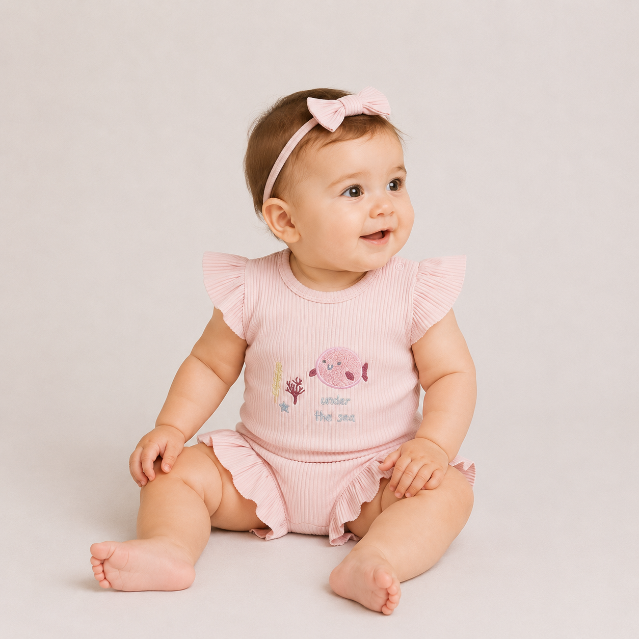 Little pearl ljetni komplet za bebe djevojčice sa rebrastom majicom sa karnerima i bebi roze šorcem sa volanima