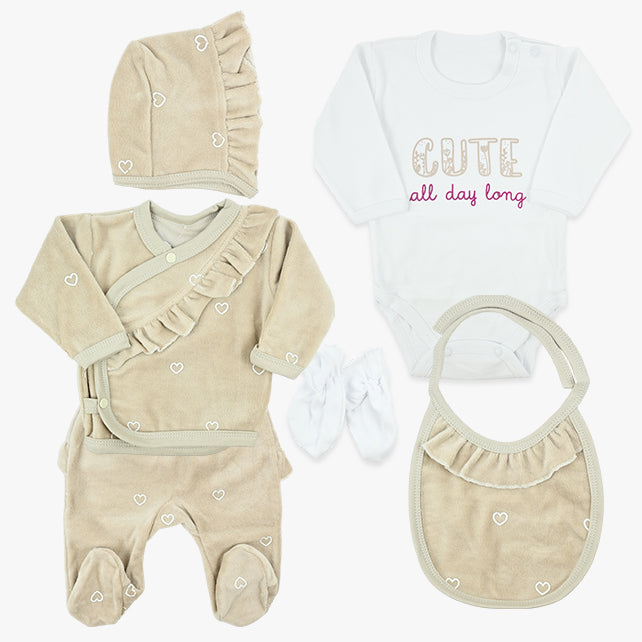 Plišani set za iznošenje Hearts – 6-dijelni set u krem boji