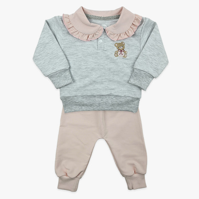 Bebi komplet Teddy za djevojčice u sivoj boji sa kragnom u bebi roze nijansi