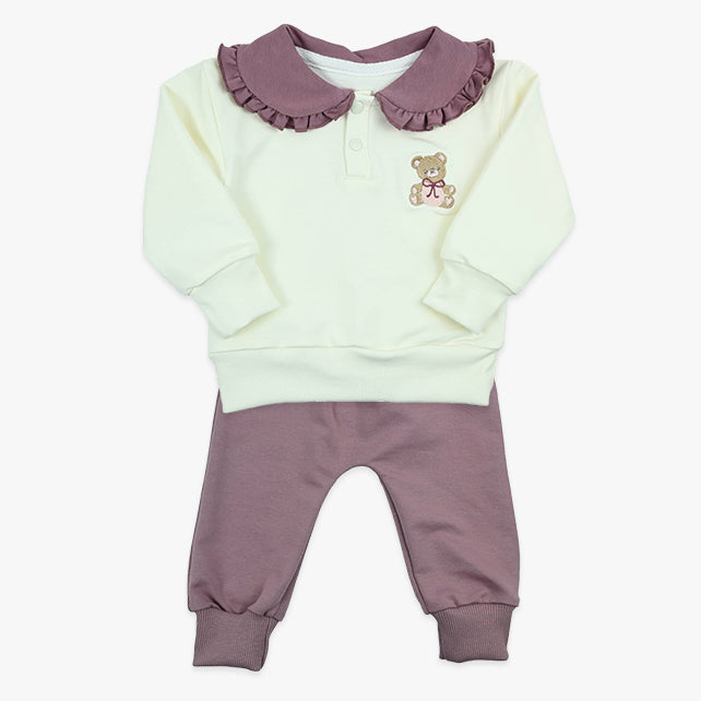 Bebi komplet Teddy za djevojčice u bež boji sa kragnom u jorgovan nijansi